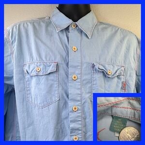 Tommy Bahama Mens Light Blue Cotton Button Down Shirt With‎ Red Stitching Size M